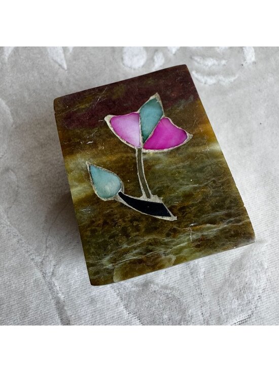 Source Unknown Other - Trinket Box Mother of Pearl Inlay Marble Soapstone 2" Pink Vtg Made in India